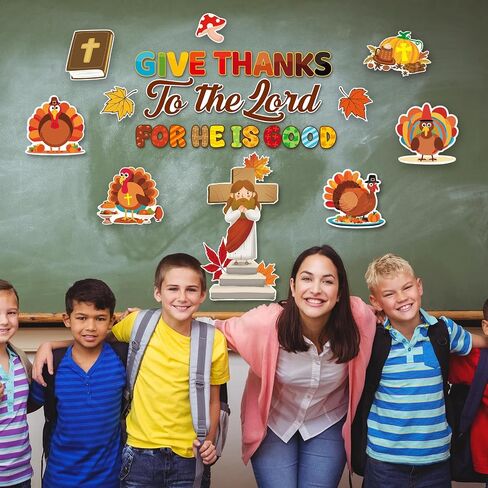 Fancy Land Thanksgiving Religious Bulletin Board Set for Classroom Decorations Fall Christian Jesus Turkey Cutouts for Autumn Harvest Church Sunday School Chalkboard Wall Door Decor 80Pcs in Saudi Arabia