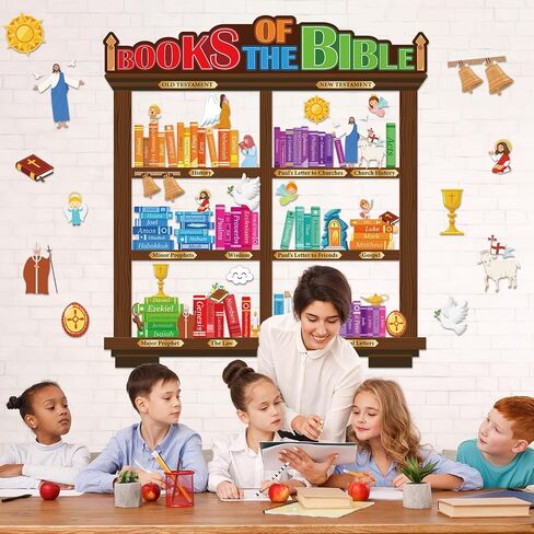 gisgfim Book of the Bible Bulletin Board Decorations Back to School Bible Learning Bookshelf Cutouts Religious Christian Poster for Vacation Bible School Sunday School Classroom Chalkboard Wall Decor in Saudi Arabia