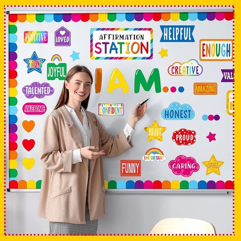 49 Pcs Affirmation Station Bulletin Board Set Back to School Motivational Bulletin Board for Classroom Decors I Am Positive Affirmations Accent Cutouts for Classroom Wall(Rainbow) in Saudi Arabia