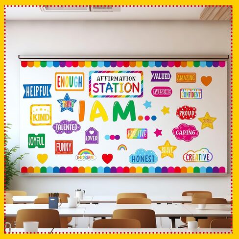 49 Pcs Affirmation Station Bulletin Board Set Back to School Motivational Bulletin Board for Classroom Decors I Am Positive Affirmations Accent Cutouts for Classroom Wall(Rainbow) in Saudi Arabia