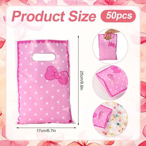 50pcs Cartoon Gift Bags, Cute Pink Bow Party Favor Bags with Handle & White Polka Dots Print for Candy Snacks Goodies Treat Goody Baby Shower Kids Birthday Party Supplies Decoration in Saudi Arabia