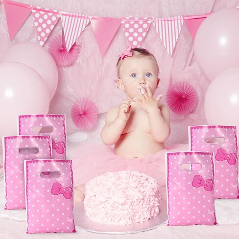 50pcs Cartoon Gift Bags, Cute Pink Bow Party Favor Bags with Handle & White Polka Dots Print for Candy Snacks Goodies Treat Goody Baby Shower Kids Birthday Party Supplies Decoration in Saudi Arabia