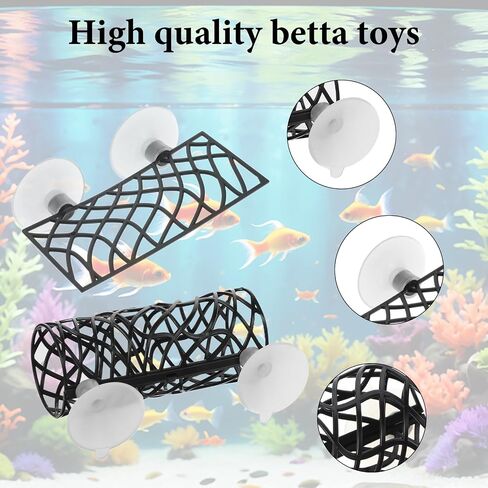 2 Pcs Betta Fish Toys, Betta Fish Tank Accessories, Aquarium Decor Swim Tube Hollow Cave Tunnel Hammock Hideout Shelter Toy with 4 Pcs Suction Cups for Guppies Small Fishes Shrimp (Black) in Saudi Arabia