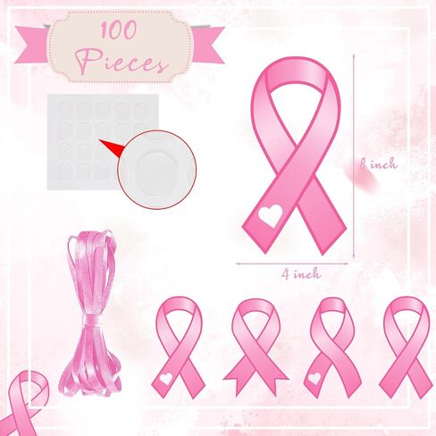 Qilery 100 Pcs Pink Ribbon Cutouts Large Breast Cancer Awareness Paper Ribbons 8 Inch Pink Ribbon Support Cards for Women Charity Public Social Event Welfare Decorations Supplies, 4 Styles in Saudi Arabia