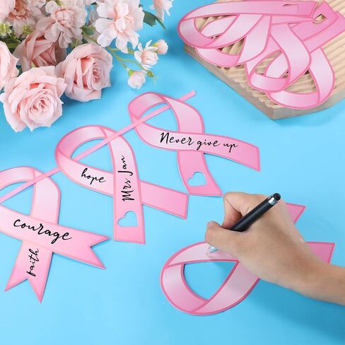 Qilery 100 Pcs Pink Ribbon Cutouts Large Breast Cancer Awareness Paper Ribbons 8 Inch Pink Ribbon Support Cards for Women Charity Public Social Event Welfare Decorations Supplies, 4 Styles in Saudi Arabia