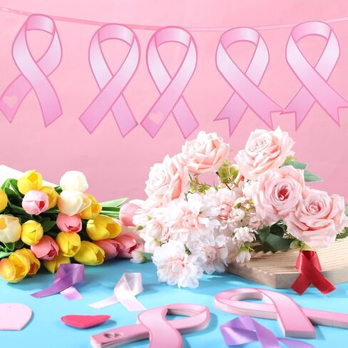 Qilery 100 Pcs Pink Ribbon Cutouts Large Breast Cancer Awareness Paper Ribbons 8 Inch Pink Ribbon Support Cards for Women Charity Public Social Event Welfare Decorations Supplies, 4 Styles in Saudi Arabia