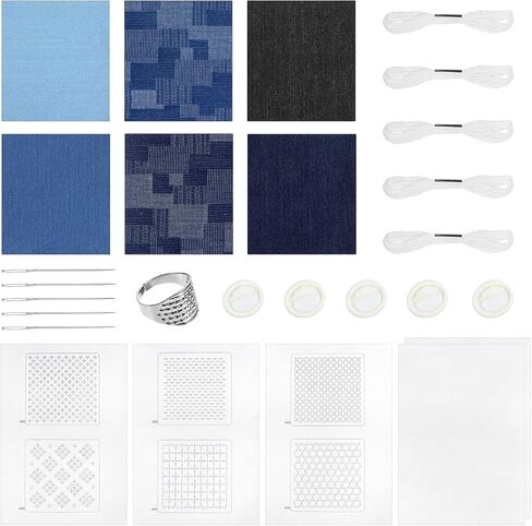 Sashiko Kit, Sashiko Thread, Thimble, Needles & Denim Fabric, Water Soluble Embroidery Kit, Patterns for Japanese Hand Quilting, Mending & Sewing Crafts (Beginner-Friendly) in Saudi Arabia