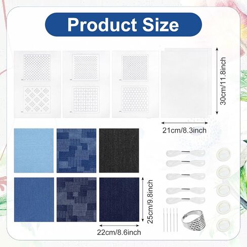 Sashiko Kit, Sashiko Thread, Thimble, Needles & Denim Fabric, Water Soluble Embroidery Kit, Patterns for Japanese Hand Quilting, Mending & Sewing Crafts (Beginner-Friendly) in Saudi Arabia