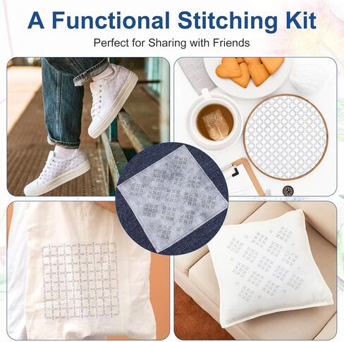 Sashiko Kit, Sashiko Thread, Thimble, Needles & Denim Fabric, Water Soluble Embroidery Kit, Patterns for Japanese Hand Quilting, Mending & Sewing Crafts (Beginner-Friendly) in Saudi Arabia
