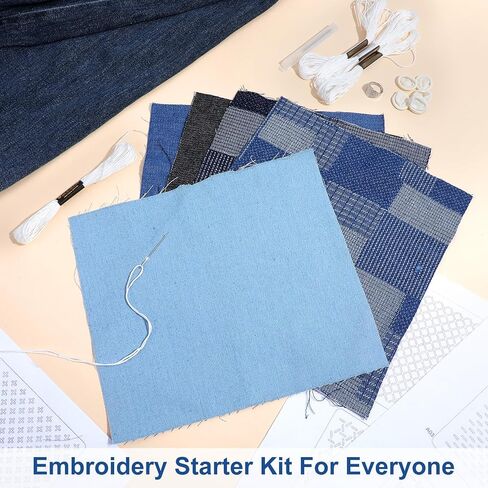 Sashiko Kit, Sashiko Thread, Thimble, Needles & Denim Fabric, Water Soluble Embroidery Kit, Patterns for Japanese Hand Quilting, Mending & Sewing Crafts (Beginner-Friendly) in Saudi Arabia