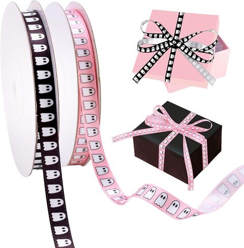 Whaline 2 Rolls Halloween Ribbons 50 Yards Spooky Ghost Satin Ribbon Black Pink Fabron Craft Ribbon for Bow Wreath Gift Decor ، 3/8 " in Saudi Arabia