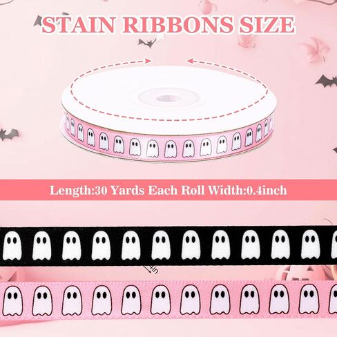 Whaline 2 Rolls Halloween Ribbons 50 Yards Spooky Ghost Satin Ribbon Black Pink Fabron Craft Ribbon for Bow Wreath Gift Decor ، 3/8 " in Saudi Arabia