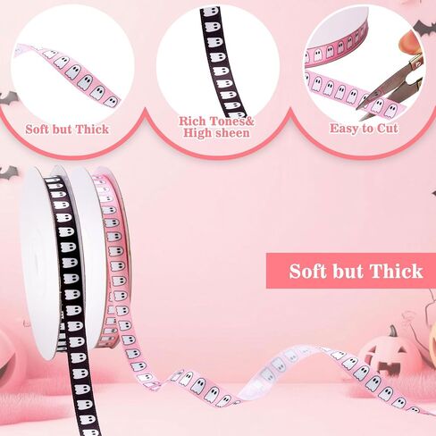 Whaline 2 Rolls Halloween Ribbons 50 Yards Spooky Ghost Satin Ribbon Black Pink Fabron Craft Ribbon for Bow Wreath Gift Decor ، 3/8 " in Saudi Arabia