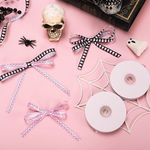 Whaline 2 Rolls Halloween Ribbons 50 Yards Spooky Ghost Satin Ribbon Black Pink Fabron Craft Ribbon for Bow Wreath Gift Decor ، 3/8 " in Saudi Arabia