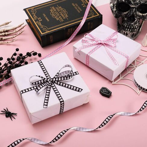 Whaline 2 Rolls Halloween Ribbons 50 Yards Spooky Ghost Satin Ribbon Black Pink Fabron Craft Ribbon for Bow Wreath Gift Decor ، 3/8 " in Saudi Arabia
