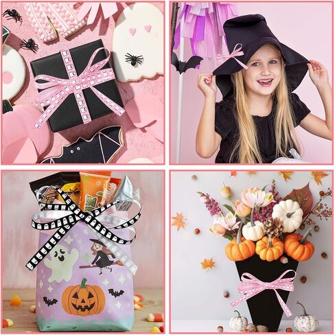 Whaline 2 Rolls Halloween Ribbons 50 Yards Spooky Ghost Satin Ribbon Black Pink Fabron Craft Ribbon for Bow Wreath Gift Decor ، 3/8 " in Saudi Arabia