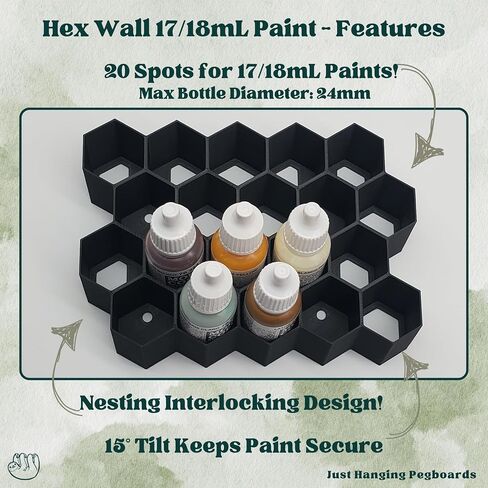 Hex Wall Mount Paint Dropper Holder – Compatible with Vallejo, Army Painter, Green Stuff World 17/18mL Bottles – Hobby Paint Rack for Miniature, Warhammer, Model Painting – Made in USA (4) in Saudi Arabia