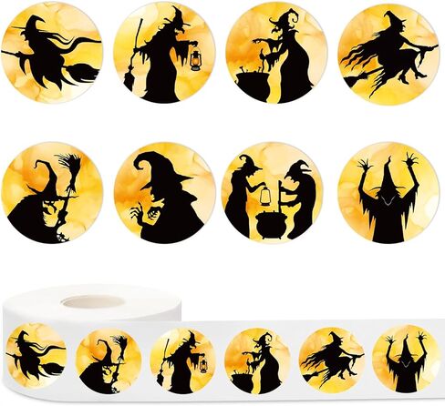 1000pcs ملصقات عيد الهالوين لفة الساحرة السوداء السوداء جولة ملصقات لماشية للادة اللاصقة لخدعة أو علاج لوازم الحفلات ، 8 تصميمات in Kuwait