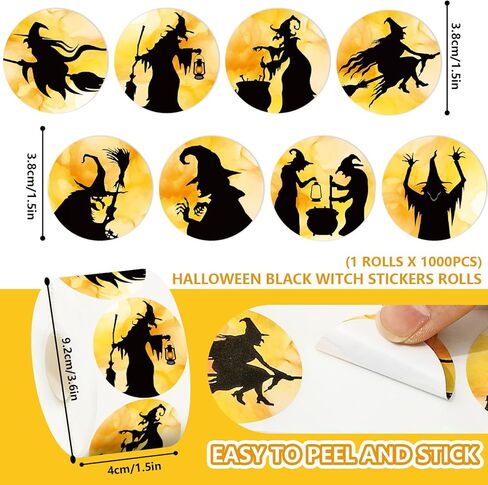 1000pcs ملصقات عيد الهالوين لفة الساحرة السوداء السوداء جولة ملصقات لماشية للادة اللاصقة لخدعة أو علاج لوازم الحفلات ، 8 تصميمات in Kuwait