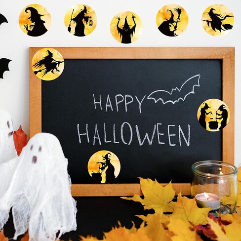 1000pcs ملصقات عيد الهالوين لفة الساحرة السوداء السوداء جولة ملصقات لماشية للادة اللاصقة لخدعة أو علاج لوازم الحفلات ، 8 تصميمات in Kuwait