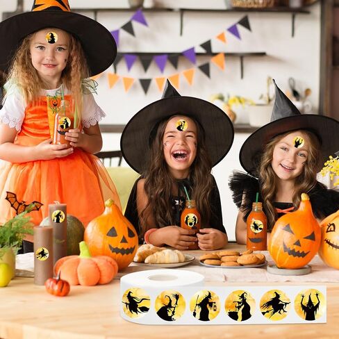 1000pcs ملصقات عيد الهالوين لفة الساحرة السوداء السوداء جولة ملصقات لماشية للادة اللاصقة لخدعة أو علاج لوازم الحفلات ، 8 تصميمات in Kuwait