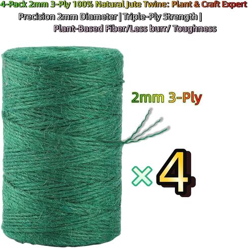 1312.336 Feet 2mm Green Jute Twine String - 3 Ply Natural Garden Twine for Plants, Crafts, Gift Wrapping, Packing - Heavy Duty Plant Ties for Tomatoes, Climbing Plants, DIY Projects (4 Pack) in Saudi Arabia