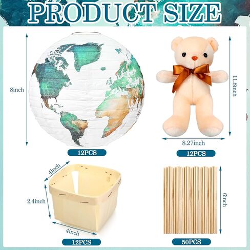 12 مجموعات دب الهواء الساخن طاولة البالون مركزية للاستحمام الطفل ، وفوانيس الورق DIY محشو بير بير سلة خشبية مع شريط لاصق عصا لحضور حفل زفاف الكشف عن جنس الحفل (الكتان) in Kuwait