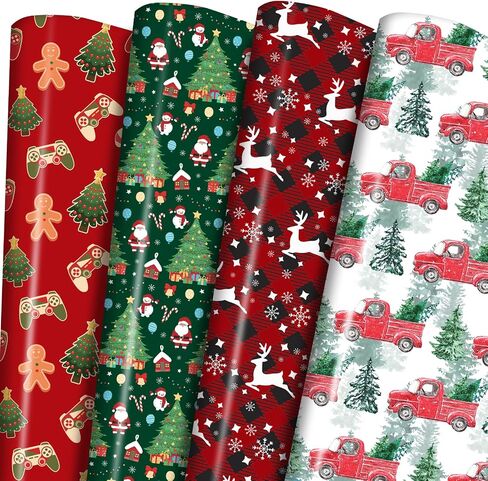 PlandRichW Gaming Christmas Wrapping Paper - 6 Jumbo Xmas Sheets 28"x40" with Gingerbread, Santa, Red Trucks & Plaid Snowflakes -Holiday Gift Wrap for All Ages, Easy-Storage Flat Sheets in Saudi Arabia