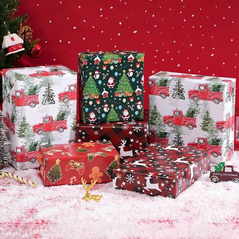 PlandRichW Gaming Christmas Wrapping Paper - 6 Jumbo Xmas Sheets 28"x40" with Gingerbread, Santa, Red Trucks & Plaid Snowflakes -Holiday Gift Wrap for All Ages, Easy-Storage Flat Sheets in Saudi Arabia