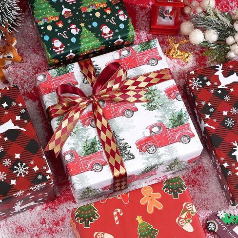 PlandRichW Gaming Christmas Wrapping Paper - 6 Jumbo Xmas Sheets 28"x40" with Gingerbread, Santa, Red Trucks & Plaid Snowflakes -Holiday Gift Wrap for All Ages, Easy-Storage Flat Sheets in Saudi Arabia