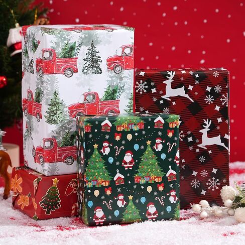 PlandRichW Gaming Christmas Wrapping Paper - 6 Jumbo Xmas Sheets 28"x40" with Gingerbread, Santa, Red Trucks & Plaid Snowflakes -Holiday Gift Wrap for All Ages, Easy-Storage Flat Sheets in Saudi Arabia