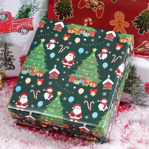 PlandRichW Gaming Christmas Wrapping Paper - 6 Jumbo Xmas Sheets 28"x40" with Gingerbread, Santa, Red Trucks & Plaid Snowflakes -Holiday Gift Wrap for All Ages, Easy-Storage Flat Sheets in Saudi Arabia
