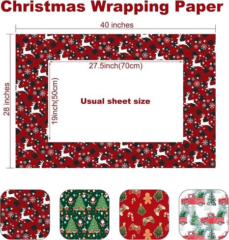 PlandRichW Gaming Christmas Wrapping Paper - 6 Jumbo Xmas Sheets 28"x40" with Gingerbread, Santa, Red Trucks & Plaid Snowflakes -Holiday Gift Wrap for All Ages, Easy-Storage Flat Sheets in Saudi Arabia