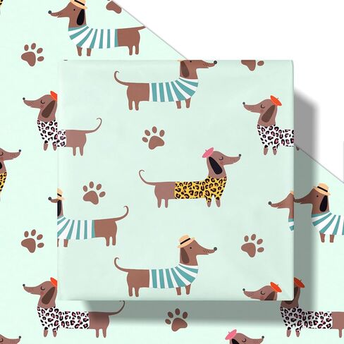 RUSPEPA Dachshund Wrapping Paper Roll for Boys Girls, Mini Roll, Dressed-Up Dog with Hats and Prints Design, Green Cute Puppy Gift Wrap for Kids, Dog Lovers, Birthday Party, 17 Inches x 16.4 Feet in Saudi Arabia