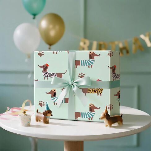 RUSPEPA Dachshund Wrapping Paper Roll for Boys Girls, Mini Roll, Dressed-Up Dog with Hats and Prints Design, Green Cute Puppy Gift Wrap for Kids, Dog Lovers, Birthday Party, 17 Inches x 16.4 Feet in Saudi Arabia