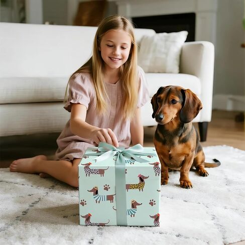 RUSPEPA Dachshund Wrapping Paper Roll for Boys Girls, Mini Roll, Dressed-Up Dog with Hats and Prints Design, Green Cute Puppy Gift Wrap for Kids, Dog Lovers, Birthday Party, 17 Inches x 16.4 Feet in Saudi Arabia