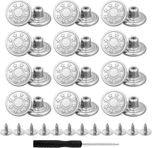 20 PCS Replacement Jean Buttons No Sew 17 mm Buttons for Jeans Silver Tack Button Adjustable No Sewing Button with Threads Rivets and Screwdriver in Saudi Arabia