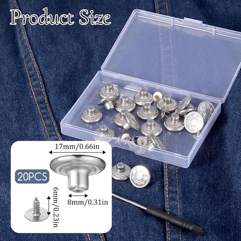 20 PCS Replacement Jean Buttons No Sew 17 mm Buttons for Jeans Silver Tack Button Adjustable No Sewing Button with Threads Rivets and Screwdriver in Saudi Arabia