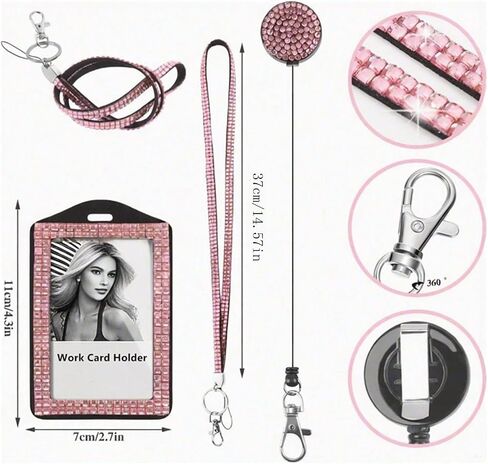 الموضة 3 في 1 Crystal Neck Lanyard ، حامل شارة ID بلينغ ، حامل بطاقة عمل الراين القابل للسحب للمعلم للمعلمين ممرضة الطبيب ، علامة تبويب سلامة الهاتف المحمول (1 وردي) in Kuwait