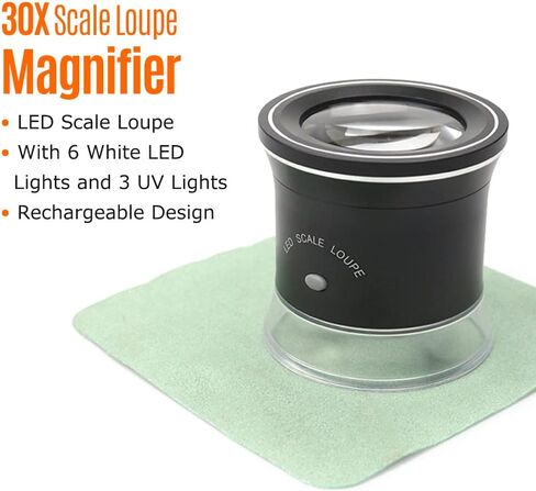 30x مقياس LED LOUPE مُضوء مع 6 أضواء أبيض 3 UV إعادة تكبير مقياس شبكية شبكية قابلة للتبديل من أجل PCB COIN COIN in Kuwait