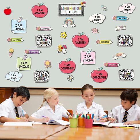 Schoolgirl Affirmation Station Bulletin Board Set Composition Motivational Poster for Classroom Decoration Positive Cutout Inspirational Mirror Growth Mindset Door Decor for School Office Wall Supply in Saudi Arabia