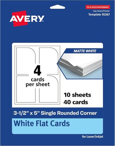 Avery Avery Printable Single Corner Rectangle Rectangle بطاقات مسطحة ، 3-1/2 "× 5" ، بطاقة أبيض غير لامعة ، طباعة إلى الحافة ، والليزر/الحبر القابلة للطباعة ، و 40 إجماليًا ، وكبيرًا للعلامات التجارية للمنتجات والتسويق والمزيد in Saudi Arabia