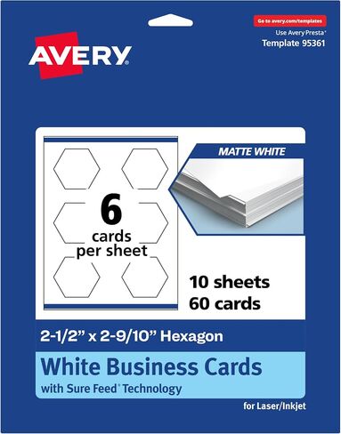 Avery Printable Hexagon Business Cards, Sure Feed Technology, 2-1/2" x 2-9/10", Matte White Cardstock, Print-to-The-Edge, Laser/Inkjet Printable, 60 Total in Saudi Arabia