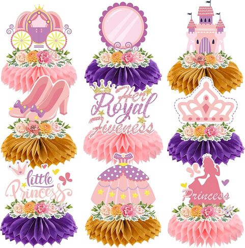 ديكوراتها الملكية - 9 PCS 5th Princess Honeycomb Centerpieces زخارف عيد ميلاد الزخارف الطاولة الوردية مركزية ديكور خلفية Crown Girls 5 سنوات in Kuwait