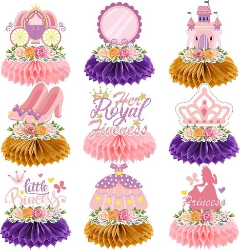 ديكوراتها الملكية - 9 PCS 5th Princess Honeycomb Centerpieces زخارف عيد ميلاد الزخارف الطاولة الوردية مركزية ديكور خلفية Crown Girls 5 سنوات in Kuwait