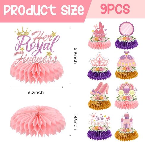 ديكوراتها الملكية - 9 PCS 5th Princess Honeycomb Centerpieces زخارف عيد ميلاد الزخارف الطاولة الوردية مركزية ديكور خلفية Crown Girls 5 سنوات in Kuwait