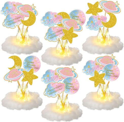 Amyhill 6 Sets Twinkle Little Star Baby Shower Centerpiece Gender Reveal Decorations Moon and Stars Decor Starry Birthday Table Toppers Moon Cloud Decoration for Boys Birthday Party Supply(Pink) in Kuwait