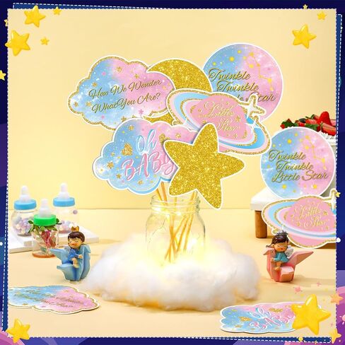 Amyhill 6 Sets Twinkle Little Star Baby Shower Centerpiece Gender Reveal Decorations Moon and Stars Decor Starry Birthday Table Toppers Moon Cloud Decoration for Boys Birthday Party Supply(Pink) in Kuwait
