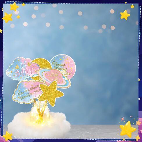 Amyhill 6 Sets Twinkle Little Star Baby Shower Centerpiece Gender Reveal Decorations Moon and Stars Decor Starry Birthday Table Toppers Moon Cloud Decoration for Boys Birthday Party Supply(Pink) in Kuwait