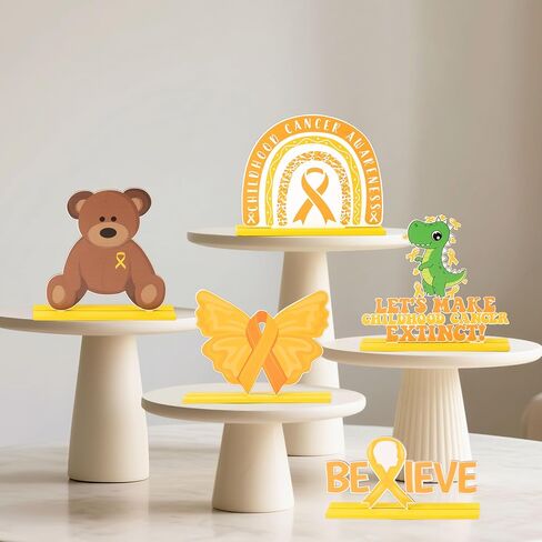 Haooryx Childhood Cancer Awareness Wooden Centerpiece - 5Pcs Yellow Ribbon Believe Wood Table Topper Bear Rainbow Kids Childhood Cancer Table Decoration for Hospital Charity Party Seminar Decor Supply in Saudi Arabia